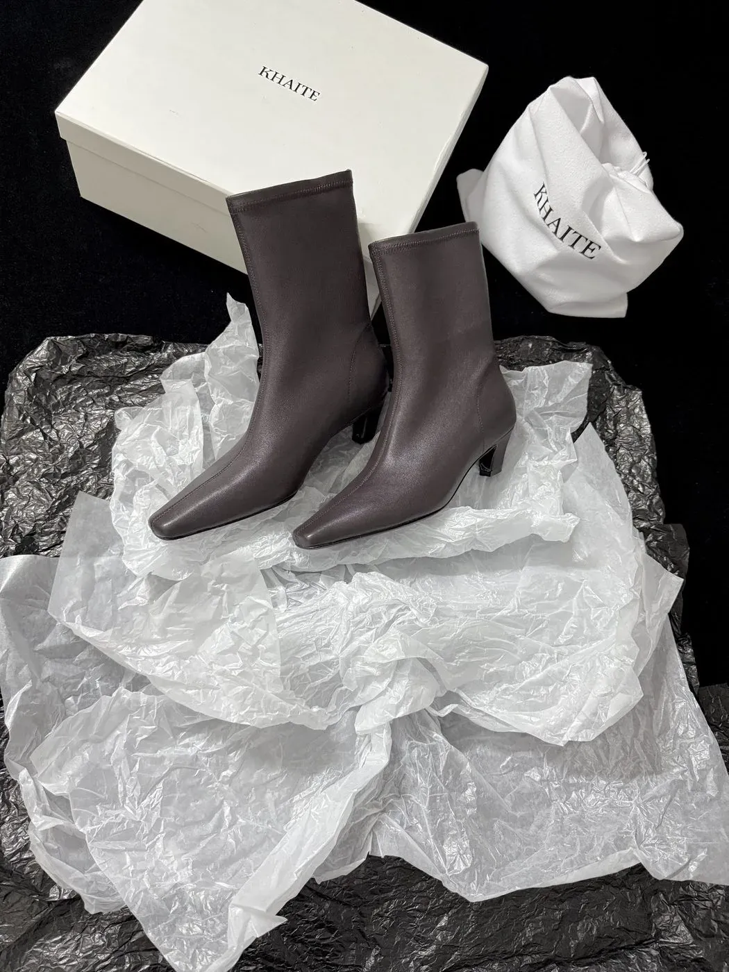 Khaite Alternative Pointed Elastic Ankle Boots in Grey