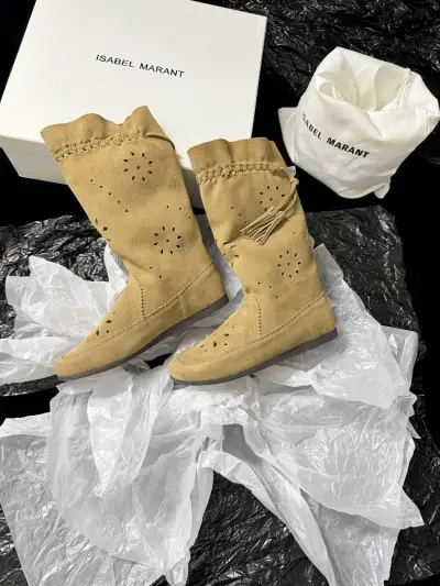 Isabel Marant Alternative Fringe Western Boots in Beige