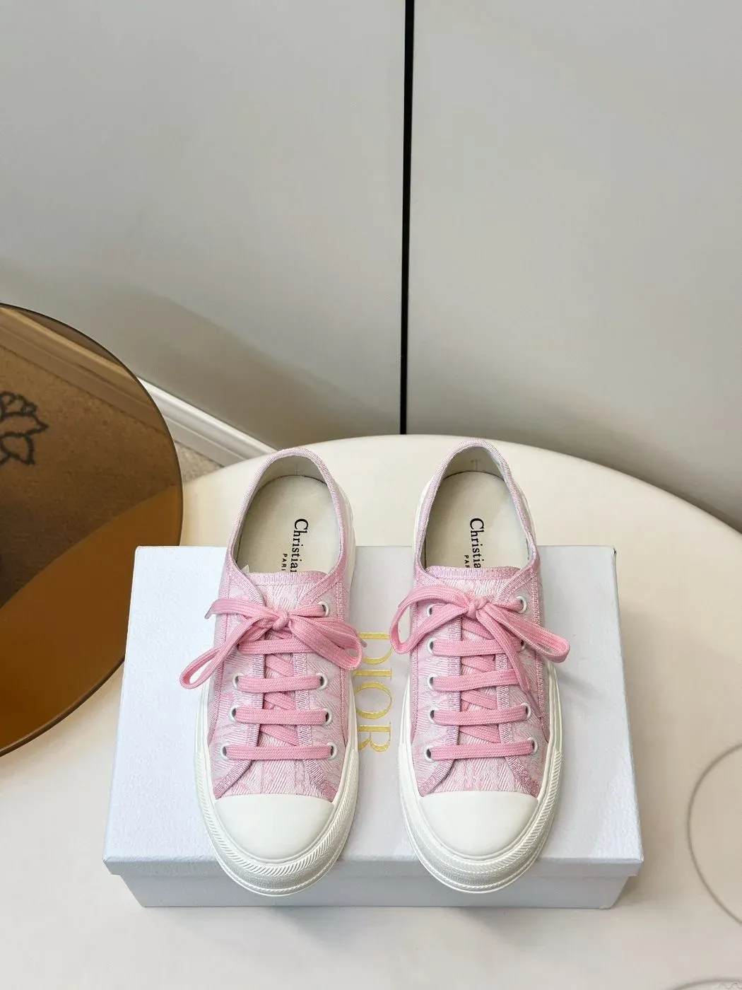 Dior Alternative WALK'N'DIOR Monogram Embroidered Canvas Thick-Sole Sneakers in Pink