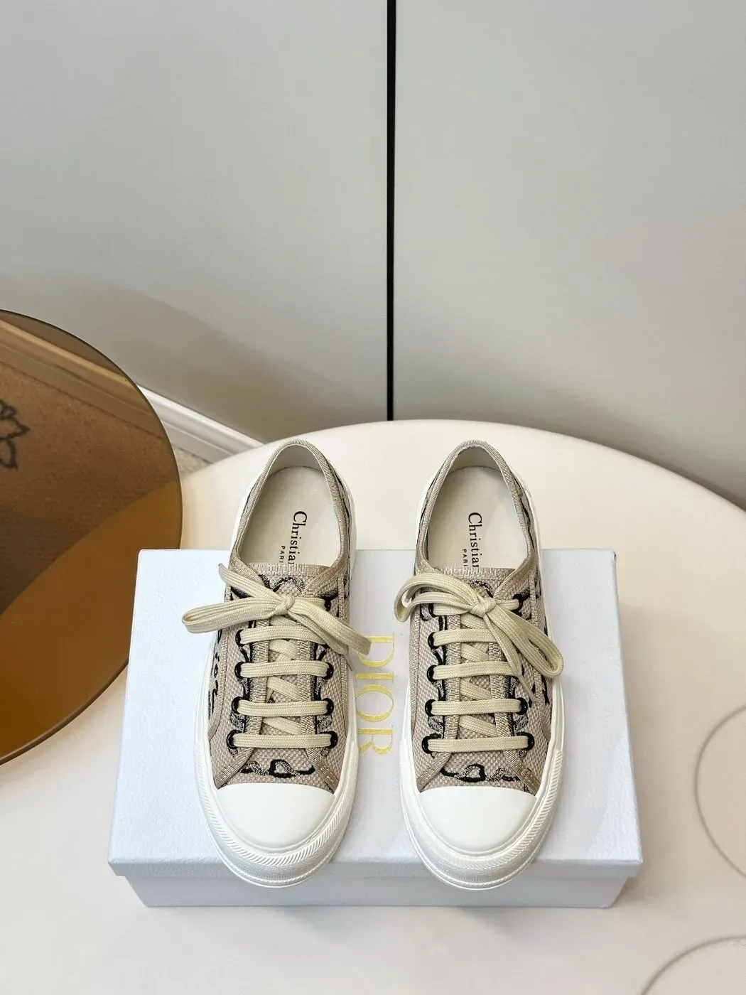 Dior Alternative WALK'N'DIOR Monogram Embroidered Canvas Thick-Sole Sneakers in Beige
