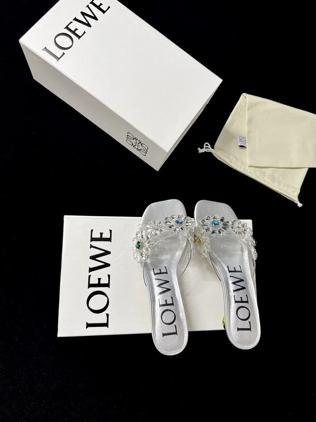Loewe Alternative Rhinestone Flower Sandal in Silver