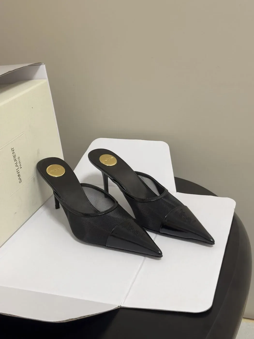 Saint Laurent Alternative YSL Pointed Heel Slide in Black